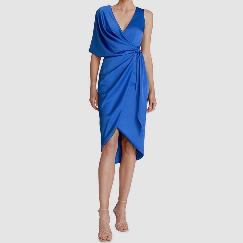 Theia NWT Royal Blue Candace Asymmetrical Stunning Satin Cocktail Wrap Dress